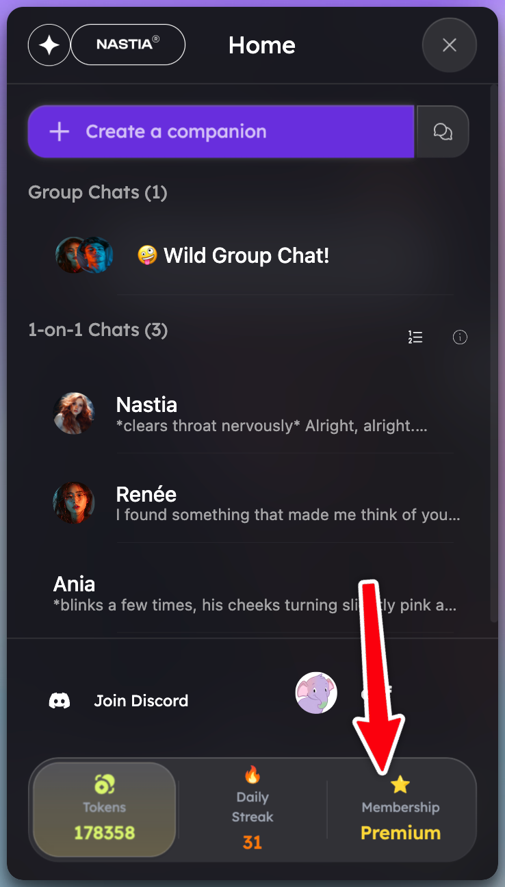 Mobile menu screen displaying various options including the Profile Avatar/Username button at the bottom right highlighted with a red arrow indicating where to tap.