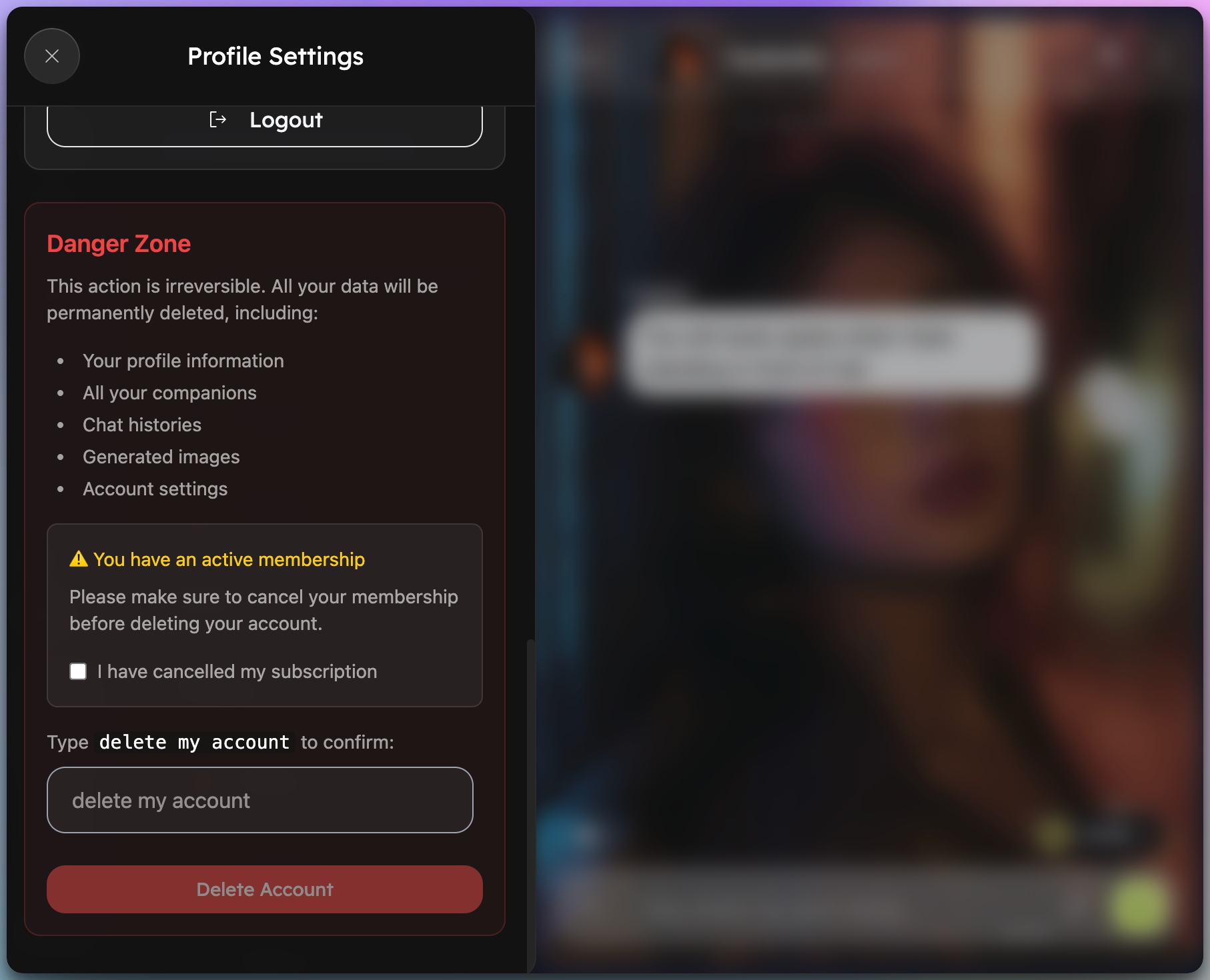 Profile Settings management screen showing profile account details. After scrolling down, the Danger Zone appears.