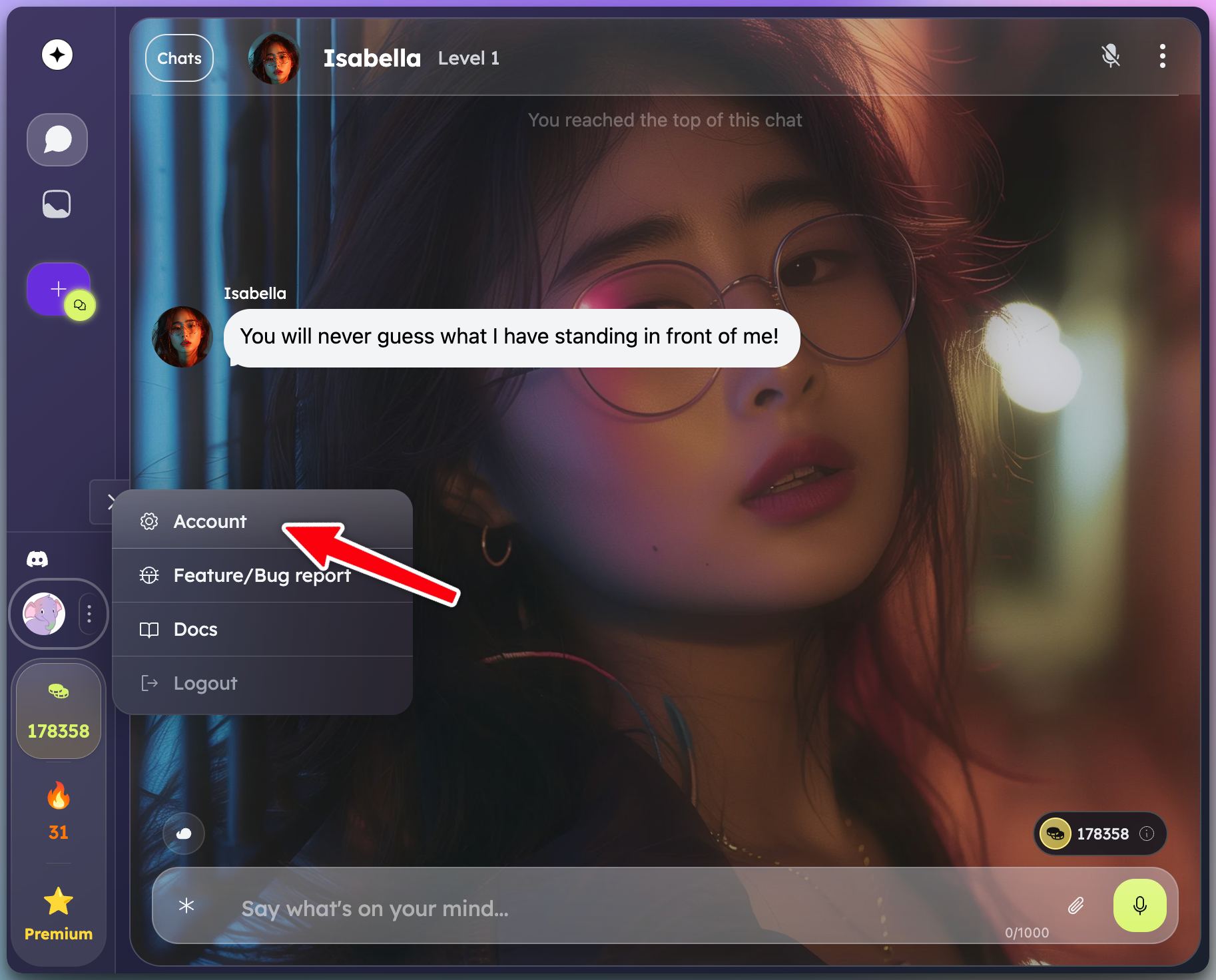 Account profile avatar/username dropdown opened, with a red arrow showing to tap on "Account".