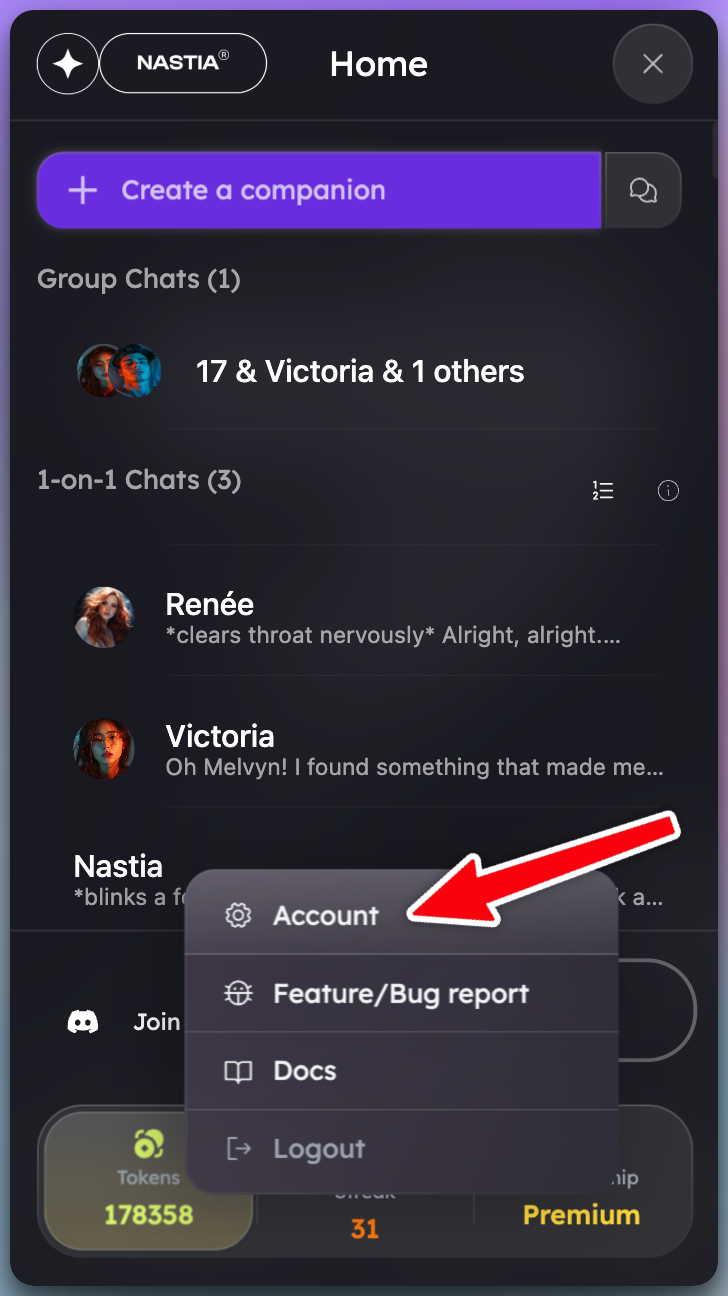 Account profile avatar/username dropdown opened, with a red arrow showing to tap on "Account".